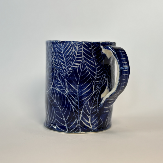 Handcrafted Stoneware Mug - Dark Blue Hand-Painted Leaves